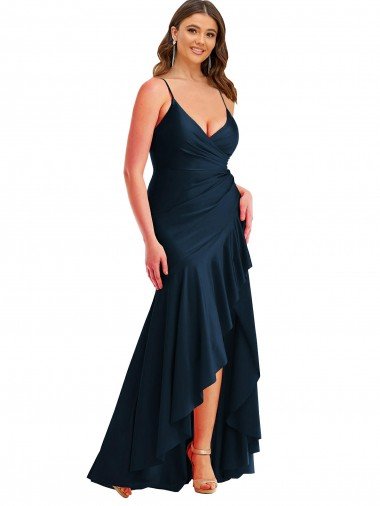 Best Pleated Wrap Ruffled High Low Silky Satin Prom Dress UK