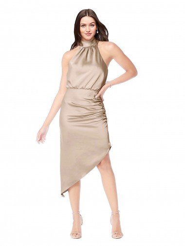 Best Silky Satin High Low Midi Length Cocktail Prom Dress / Homecoming Dress with Asymmetric Skirt UK