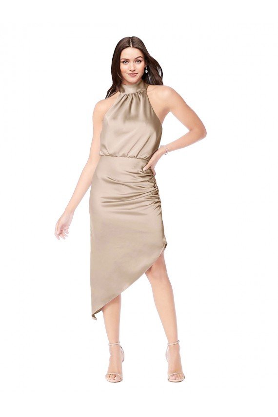 Best Silky Satin High Low Midi Length Cocktail Prom Dress / Homecoming Dress with Asymmetric Skirt UK