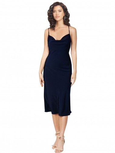 Best Short Midi Length Silky Satin Cocktail Prom Dress / Homecoming Dress with Cowl Neck and Cross Back Straps UK