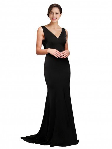Best V-Neck Full Length Silky Satin Prom Dress with Soft Cowl Neck and Sweep Train UK