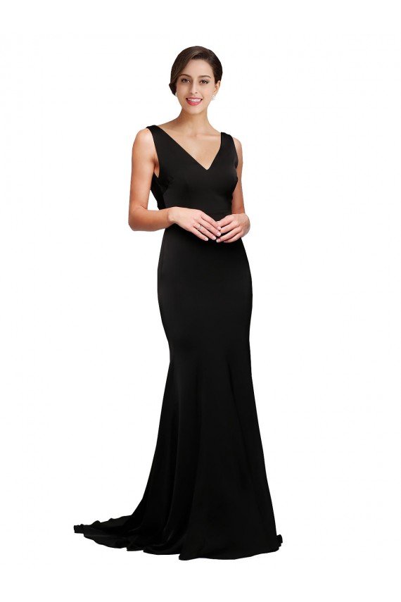 Best V-Neck Full Length Silky Satin Prom Dress with Soft Cowl Neck and Sweep Train UK