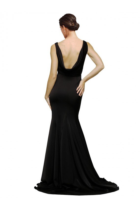 Best V-Neck Full Length Silky Satin Prom Dress with Soft Cowl Neck and Sweep Train UK