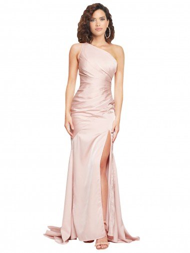 Best Full Length One Shoulder Long Silky Satin Prom Dress with High Split UK