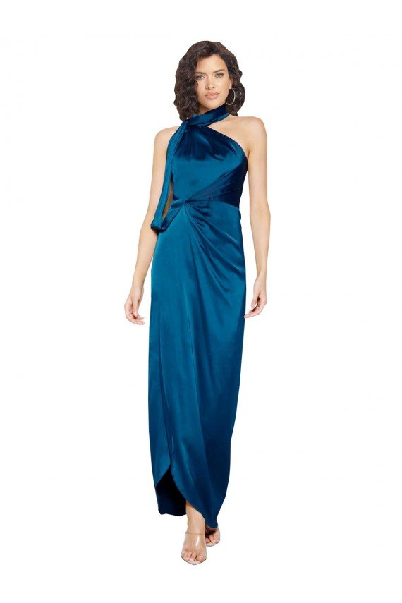 Best High Halter Neck Silky Satin Prom Dress with Sash Overlay and Side Split UK