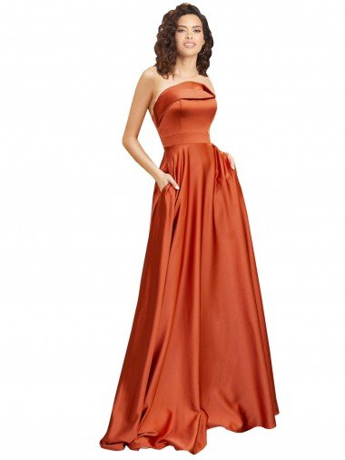 Best Strapless Sweep Train Silky Satin Prom Dress with Pleats UK