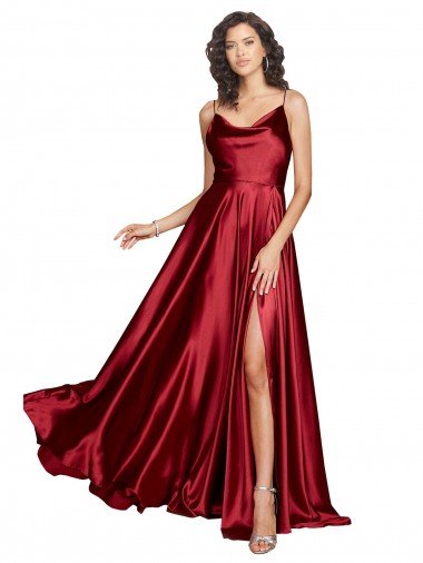 Best Cowl Neckline Long Silky Satin Prom Dress with Spaghetti Straps UK