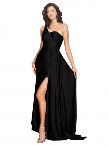Best Floor Length One Shoulder Silky Satin Prom Dress with Side Slit UK