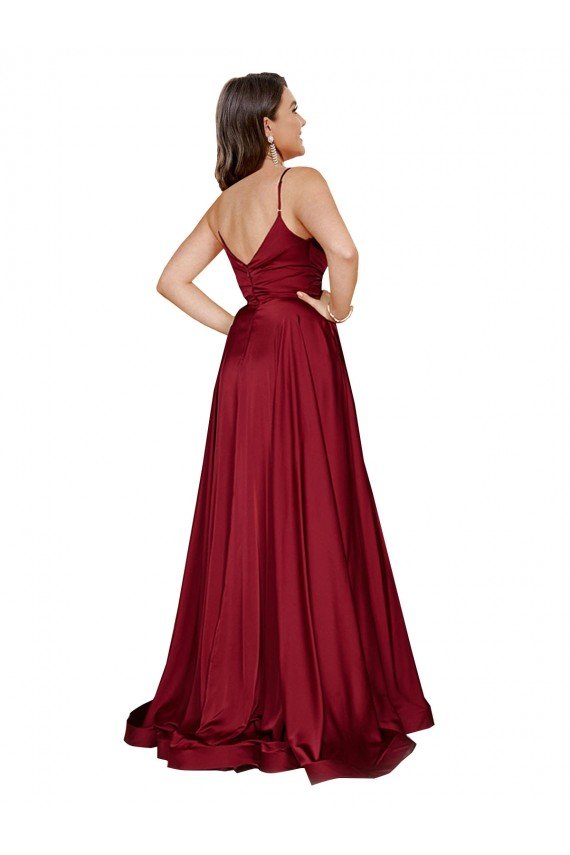 Best Deep V-Neck Sweetheart Long Silky Satin Prom Dress with Thigh High Slit UK