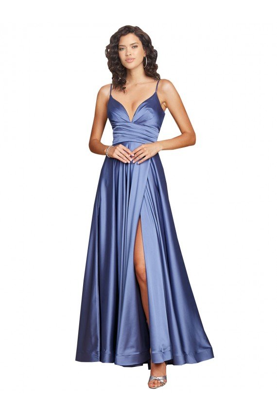 Best Deep V-Neck Sweetheart Long Silky Satin Prom Dress with Thigh High Slit UK