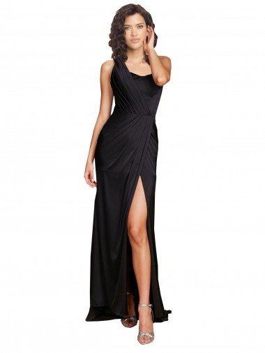Best Full Length One Shoulder Ruffled Long Silky Satin Prom Dress with High Slit UK