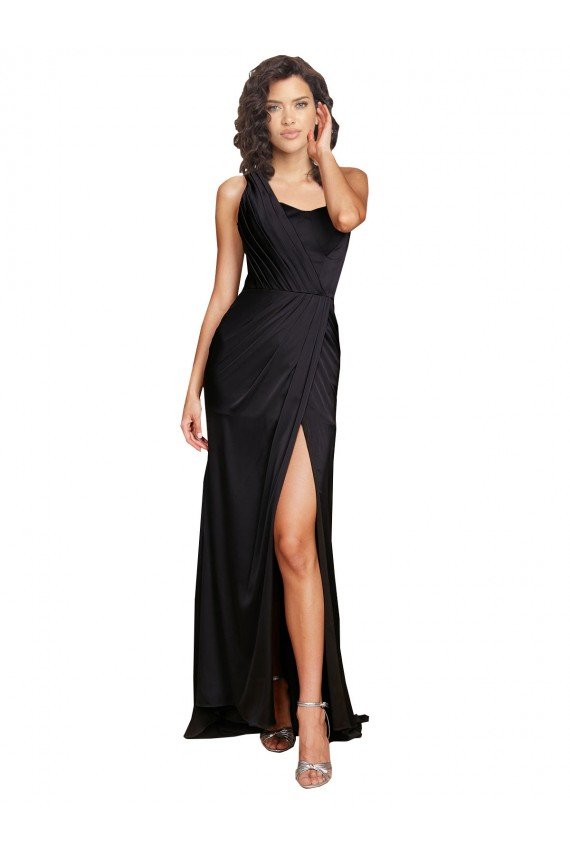 Best Full Length One Shoulder Ruffled Long Silky Satin Prom Dress with High Slit UK
