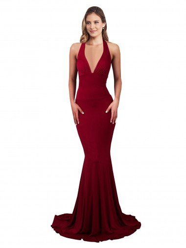 Best Halter Mermaid Plunge V-Neckline Open Back Bow Tie Spandex Prom Dress UK