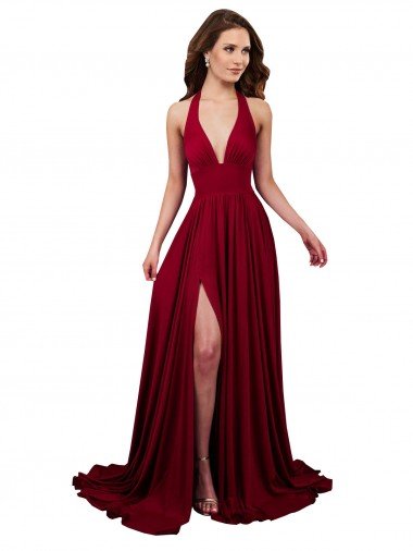 Best A-Line Halter Plunge V-Neckline Open Back Spandex Prom Dress with Slit UK