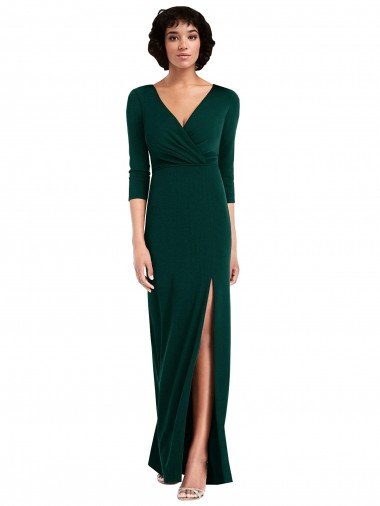 Best Floor Length 3/4 Sleeves V-Back Draped Wrap Maxi Spandex Prom Dress UK
