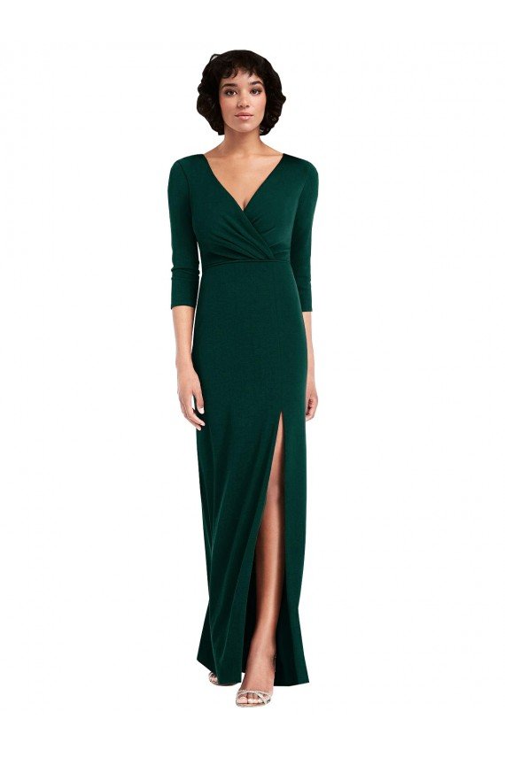 Best Floor Length 3/4 Sleeves V-Back Draped Wrap Maxi Spandex Prom Dress UK