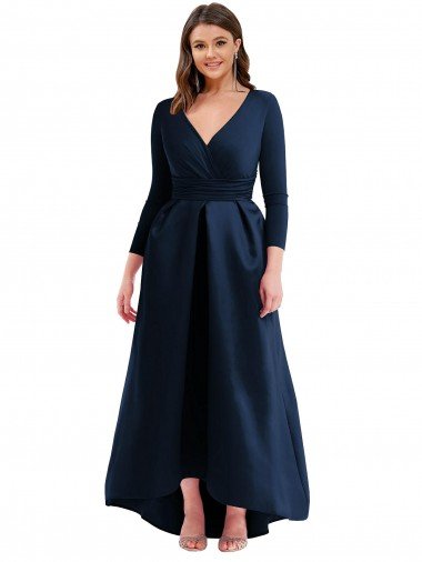 Best Long Sleeves Wrapped Spandex Prom Dress with High Low Full Skirt and Pockets UK