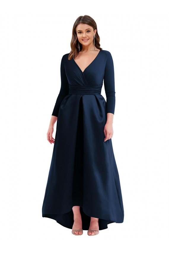 Best Long Sleeves Wrapped Spandex Prom Dress with High Low Full Skirt and Pockets UK