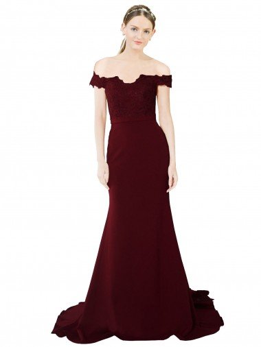 Best Full Length Off the Shoulder Formal Crepe Prom Dress with Lace On Bodice and Back UK