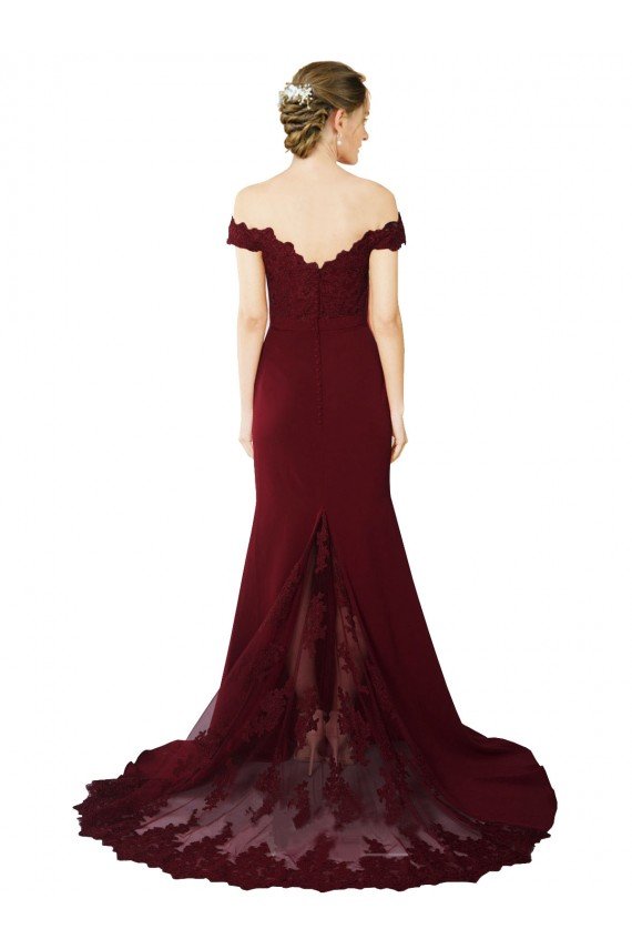 Best Full Length Off the Shoulder Formal Crepe Prom Dress with Lace On Bodice and Back UK