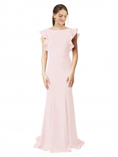 Best Low V-Back Long Mermaid Crepe Prom Dress with Ruffled Sleeves UK