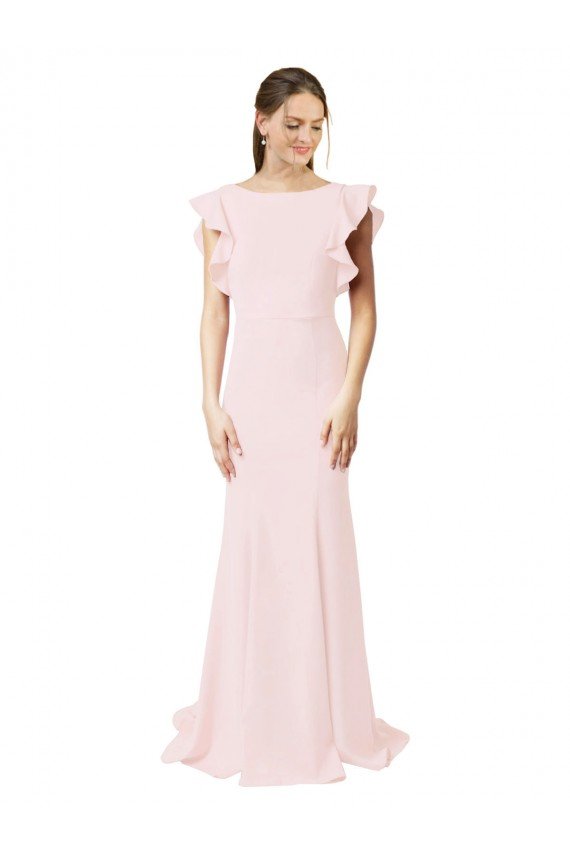 Best Low V-Back Long Mermaid Crepe Prom Dress with Ruffled Sleeves UK