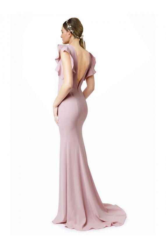 Best Low V-Back Long Mermaid Crepe Prom Dress with Ruffled Sleeves UK