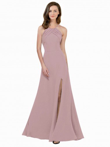 Best High Neck Crepe Prom Dress with Pleats and Keyhole Back UK