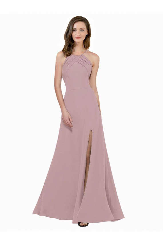 Best High Neck Crepe Prom Dress with Pleats and Keyhole Back UK