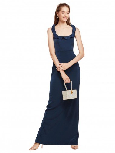 Best Scoop Neck with Ruffles Long Crepe Prom Dress with Back Slit UK