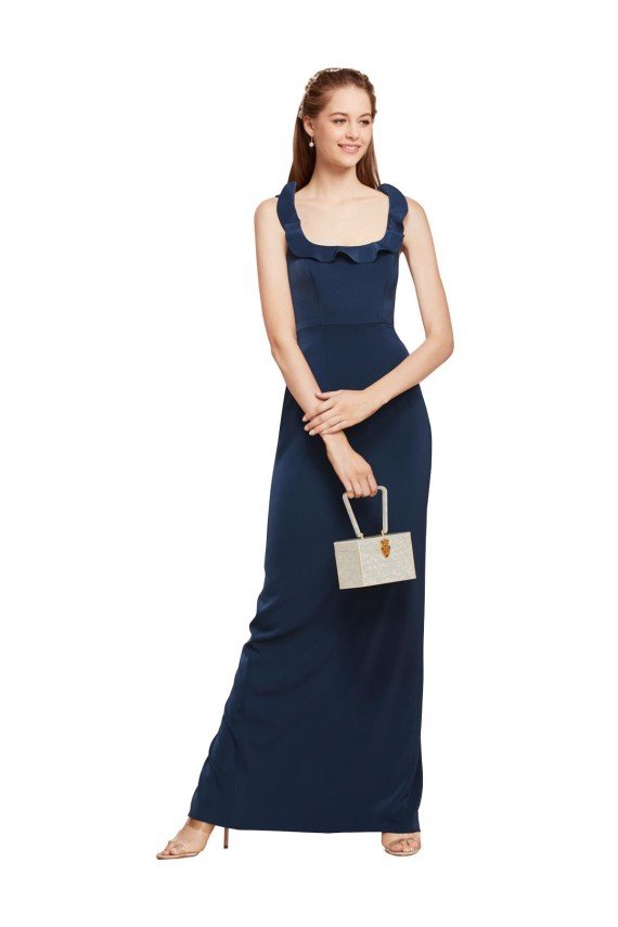 Best Scoop Neck with Ruffles Long Crepe Prom Dress with Back Slit UK