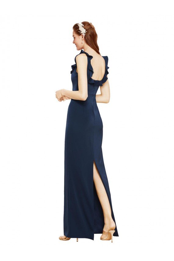 Best Scoop Neck with Ruffles Long Crepe Prom Dress with Back Slit UK