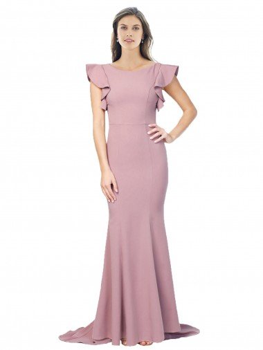 Best Flutter Sleeves Low V-Back High Round Neck Crepe Prom Dress UK