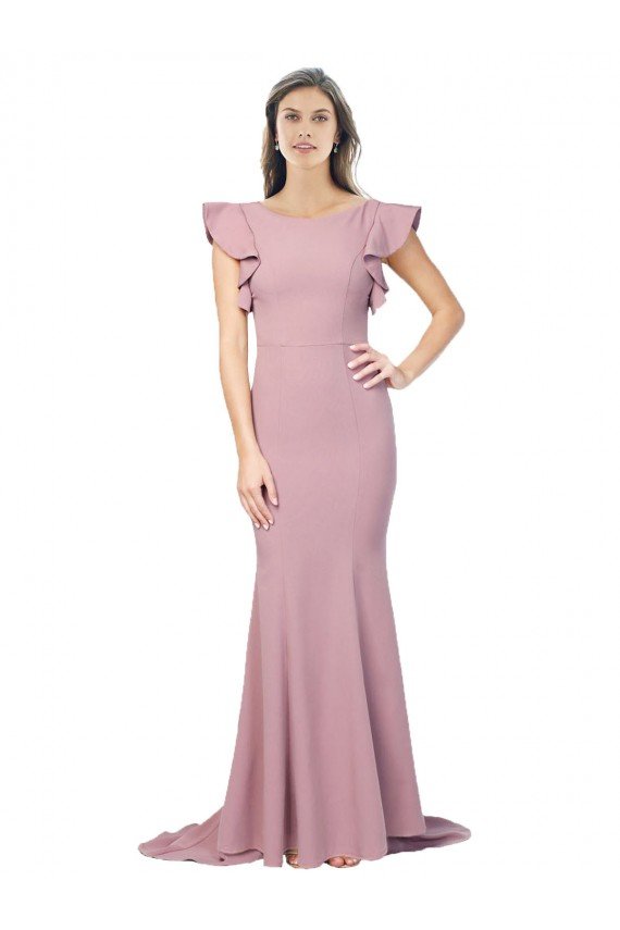 Best Flutter Sleeves Low V-Back High Round Neck Crepe Prom Dress UK