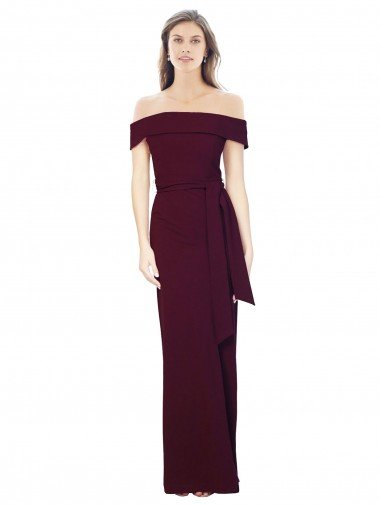 Best Off the Shoulder Long Crepe Prom Dress with Waist Tie UK