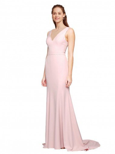 Best Deep V-Neckline and Back Long Sweep Train Crepe Prom Dress with Shoulder Straps UK