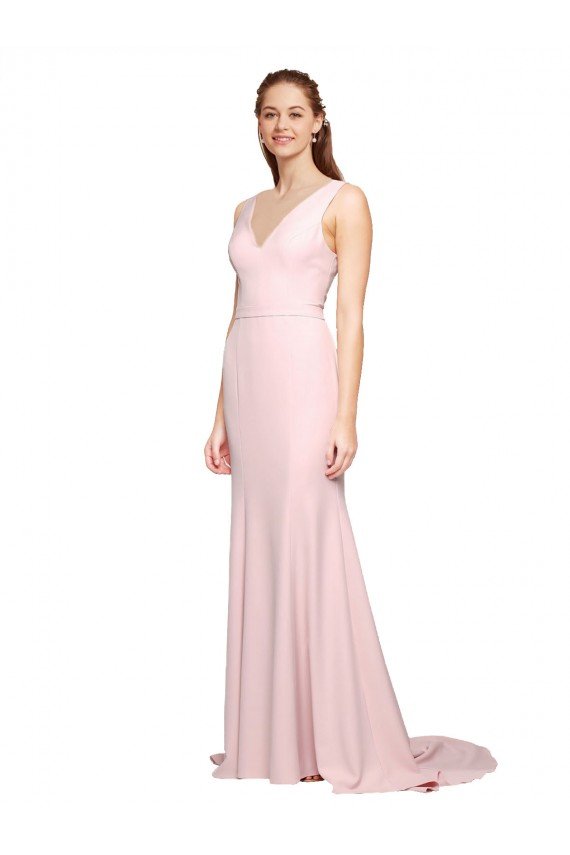Best Deep V-Neckline and Back Long Sweep Train Crepe Prom Dress with Shoulder Straps UK