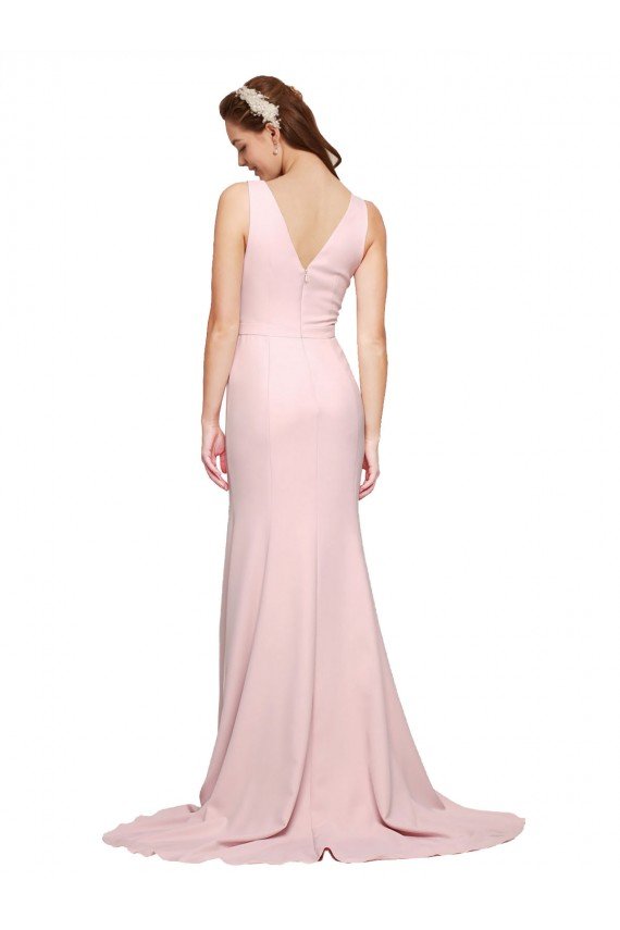 Best Deep V-Neckline and Back Long Sweep Train Crepe Prom Dress with Shoulder Straps UK