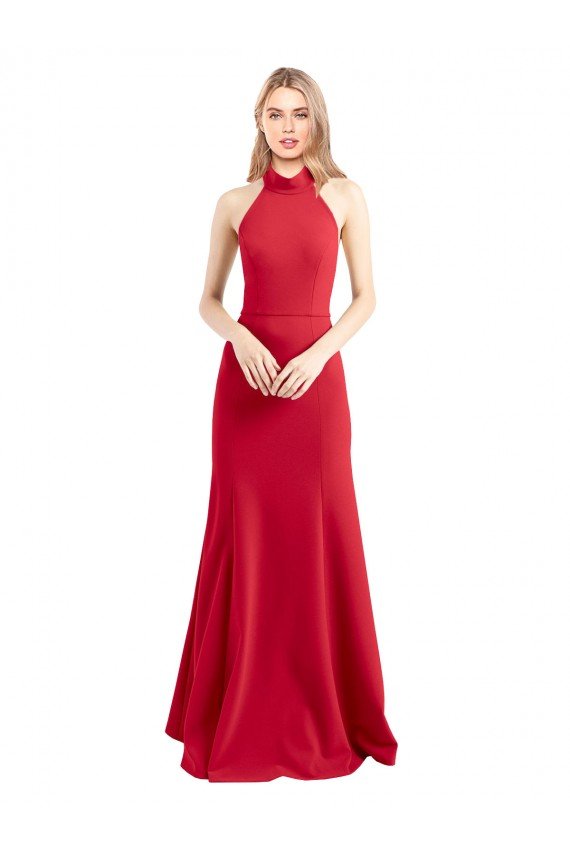 Best Sleek Fit and Flare High Neck Halter Stretch Crepe Prom Dress with Open Back UK
