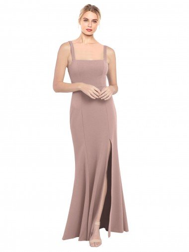 Best Square Neck Fit and Flare Long Stretch Crepe Prom Dress with Side Slit UK