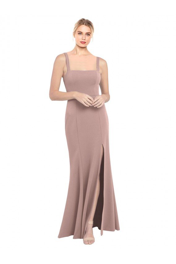 Best Square Neck Fit and Flare Long Stretch Crepe Prom Dress with Side Slit UK