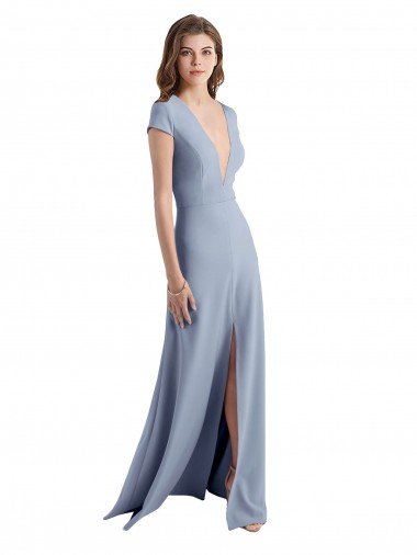 Best Plunging V-Neck Cap Sleeves Stretch Crepe Prom Dress with Front Slit UK