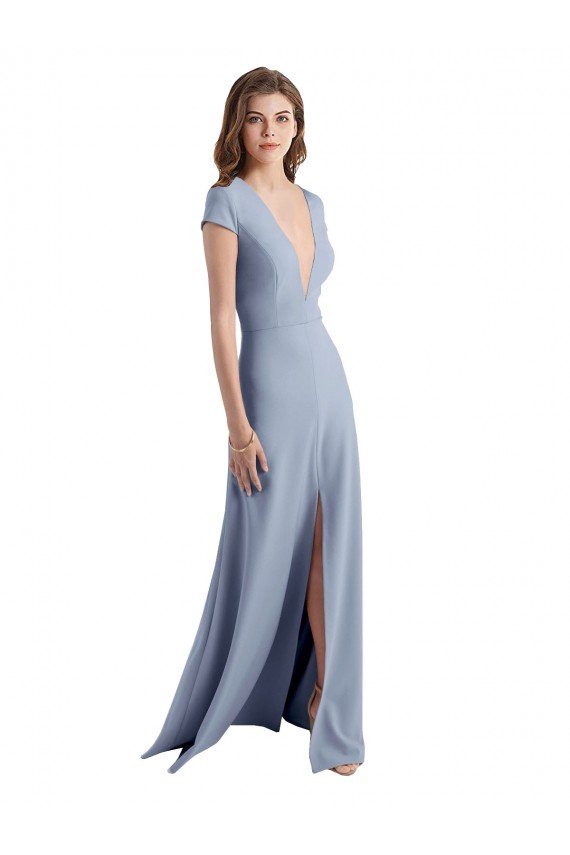 Best Plunging V-Neck Cap Sleeves Stretch Crepe Prom Dress with Front Slit UK