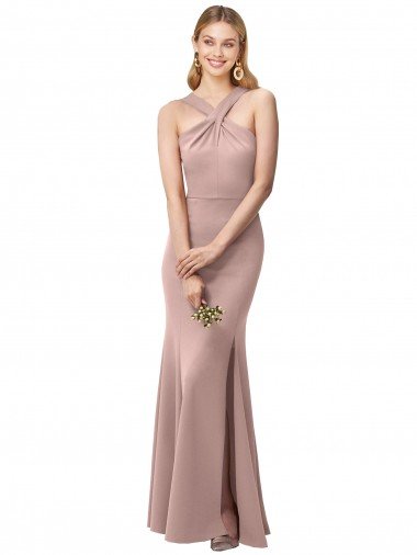 Best Long Floor Length High Neck Fit and Flare Stretch Crepe Prom Dress with Side Slit UK