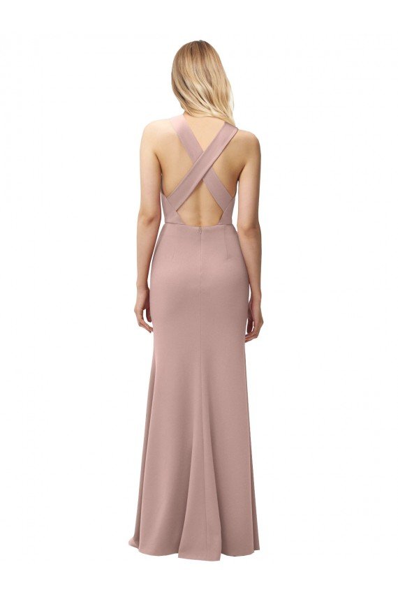Best Long Floor Length High Neck Fit and Flare Stretch Crepe Prom Dress with Side Slit UK