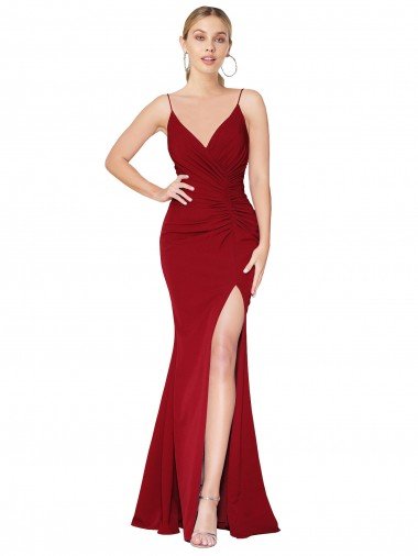 Best Spaghetti Straps V-Neck Long Crepe Dress with High Slit UK