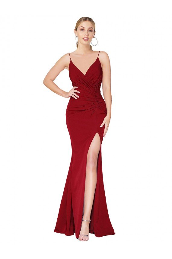 Best Spaghetti Straps V-Neck Long Crepe Dress with High Slit UK