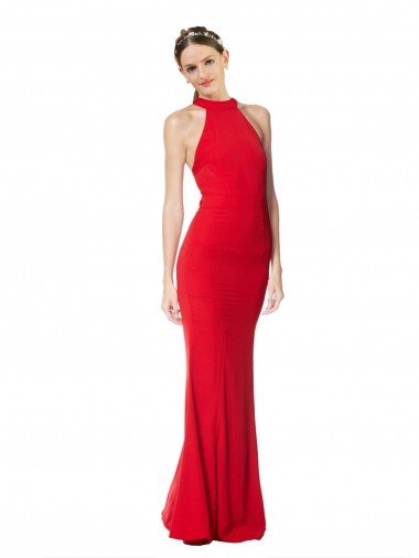 Best Halter Neck Keyhole Back Sleeveless Crepe Maxi Prom Dress UK