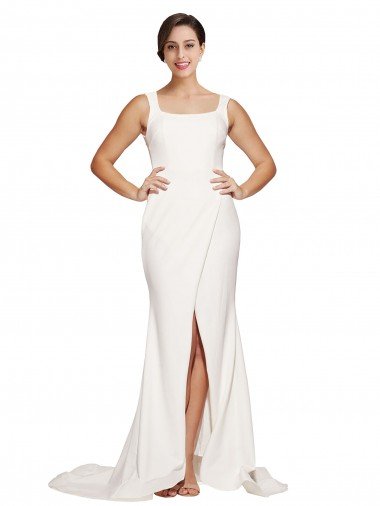 Best Square Neck Long Sheath Sweep Train Crepe Prom Dress  UK