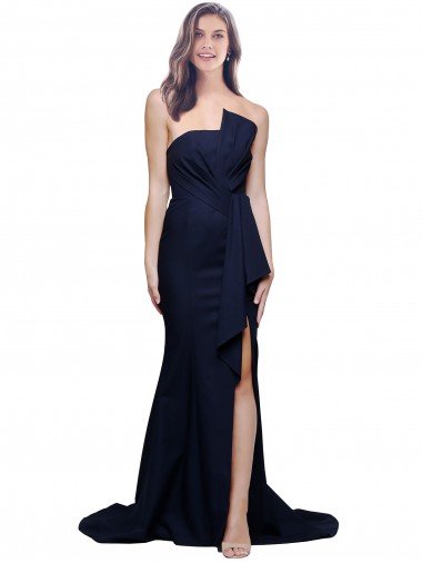 Best Long Strapless Sweep Train Low Back Crepe Prom Dress UK